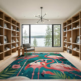 Pink Flamingo Teal Leaf Area Rug