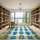 Bold Blue Yellow Geometric Grid Rug