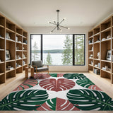 Pink Green Monstera Leaves Boho Area Rug