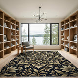 Gold Mandala Floral Area Rug on Black