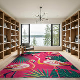 Coastal Beach Pink Vibrant Pink Flamingo Palm Leaf Area Rug