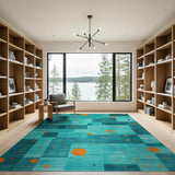Teal Geometric Area Rug with Orange Circles