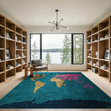 Teal World Map Multicolor Area Rug