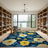 Navy Peony Floral Area Rug with Yellow Blooms