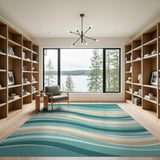 Sweeping Teal Waves Abstract Area Rug