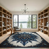 Blue Teal Mandala Floral Area Rug with Gold Accents