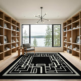 Intricate Black White Labyrinth Maze Area Rug
