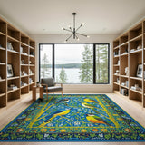 Vibrant Songbirds Blooms Blue Area Rug