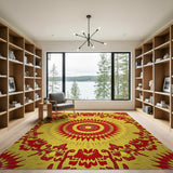 Radiant Red Sun Mandala Floral Yellow Area Rug