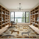 Tribal Safari Animals Rug in Beige Brown