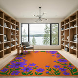 Vivid Purple Daisy Border on Orange Area Rug