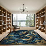 Majestic Blue Dragon in Golden Clouds Area Rug