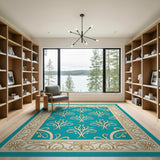 Teal Persian Floral Area Rug with Gold Border