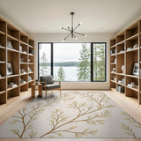 Delicate Golden Leaf Branch Beige Area Rug