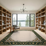Ornate Green Gold Floral Border Beige Area Rug