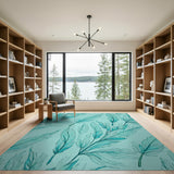 Teal Feather Pattern Boho Area Rug