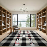 Cute Bunny Black White Plaid Area Rug