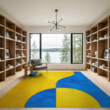 Vibrant Yellow Blue Curved Geometric Area Rug