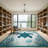Coastal Beach Sea Turtle Teal Coastal Area Rug