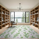 Green Fern Leaf Purple Bloom Pattern Area Rug