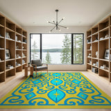 Ornate Blue Star Diamond Rug on Yellow