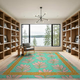 Teal Pink Palm Leaf Rug with Gold Tribal Border