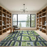 Urban City Map Green Washable Area Rug