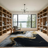 Black White Gold Marble Swirl Abstract Area Rug