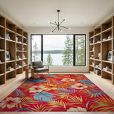 Vibrant Red Hibiscus Palm Leaf Area Rug