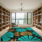 Teal Gold Fan Leaf Area Rug