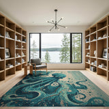 Teal Octopus Coastal Beach Rug