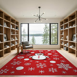 Festive Cartoon Snowman Snowflakes Red Rug
