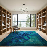 Majestic Teal Octopus Coastal Area Rug