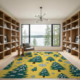 Festive Snowy Christmas Trees Yellow Area Rug