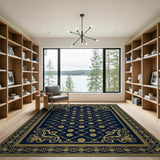 ODIKA Washable Navy & Gold Vintage Medallion Area Rug - Low Pile Non-Slip Traditional Carpet