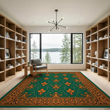 Emerald Green Persian Floral Rug with Orange Motifs