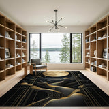Washable Black & Gold Art Deco Abstract Moon Low Pile Area Rug