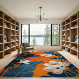 Vibrant Orange Lotus Blossom Rug with Navy Leaves