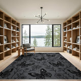 Grey Butterfly Rose Floral Pattern Area Rug