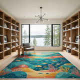 Whimsical Teal Ocean Fish Coral Area Rug