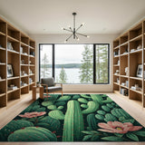 Green Cactus Grove Area Rug with Pink Blooms
