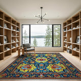 Persian Floral Medallion Area Rug in Vibrant Navy