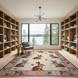 Whimsical Brown Bunny Pink Floral Area Rug
