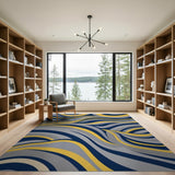 Navy Blue and Mustard Yellow Abstract Wave Area Rug