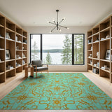 Teal and Gold Ornate Medallion Area Rug