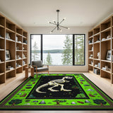 Pixel T-Rex Skeleton Area Rug with Green Nature Border