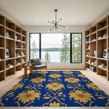 Royal Blue Gold Floral Damask Area Rug