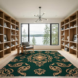 Ornate Gold Damask on Emerald Green Area Rug