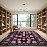 Pink Daisy Floral Black Area Rug