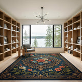 Ornate Navy Blue Rose Medallion Area Rug